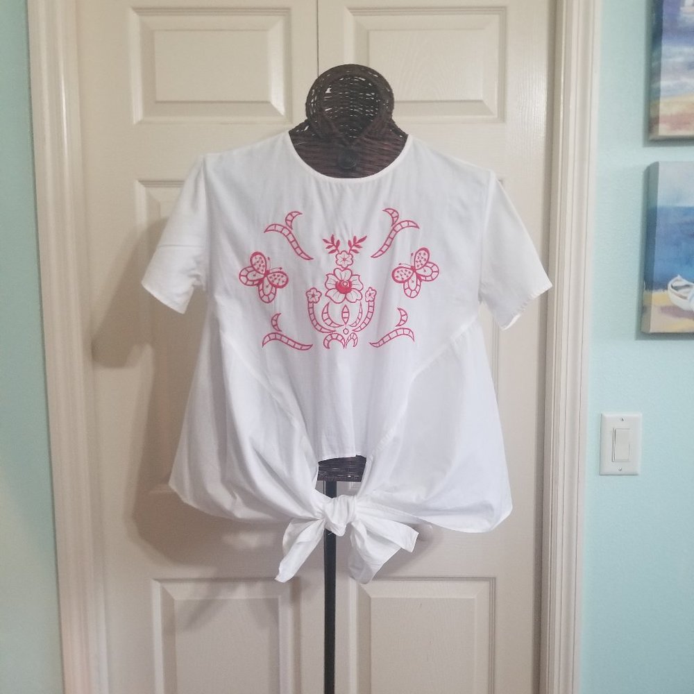 STYLE ENVY Unique  Tie Front Blouse w/Embroidery